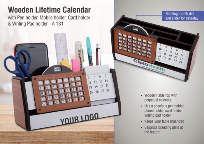 Wooden Lifetime Calendar with Pen, Mobile, and Card Holder