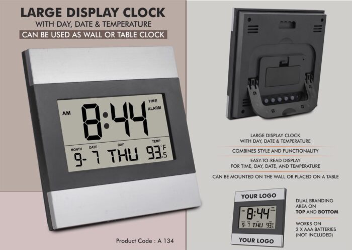Large display clock with Day, Date & Temperature | Can be used as wall or table clock