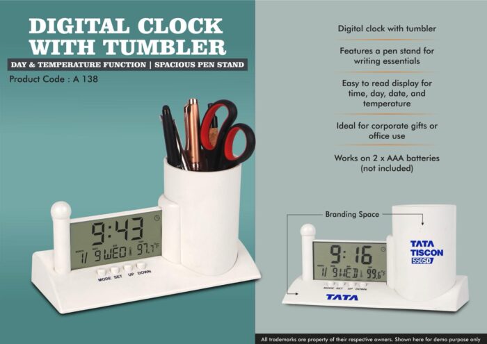 Digital Clock with Tumbler | Day & Temperature Function | Spacious Pen Stand