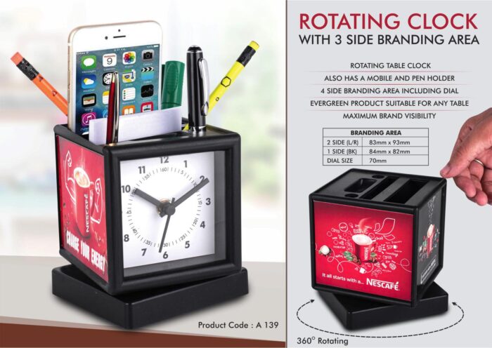 Rotating Clock with 3 Side Branding Area | Has Pen Stand & Large Stationery Holder