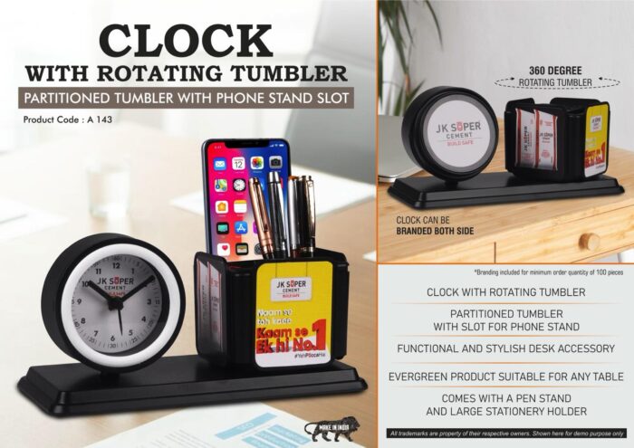 Clock with Rotating Tumbler | Partitioned Tumbler with Phone Stand Slot