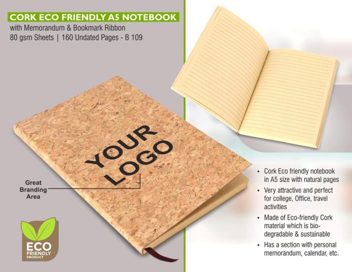 Cork Eco Friendly A5 Notebook with Memorandum & Bookmark Ribbon | 80 GSM Sheets | 160 Undated Pages