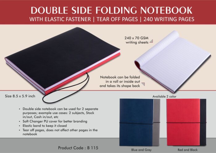 Double Side Folding Notebook with Elastic Fastener | Tear off Pages | 240 writing pages