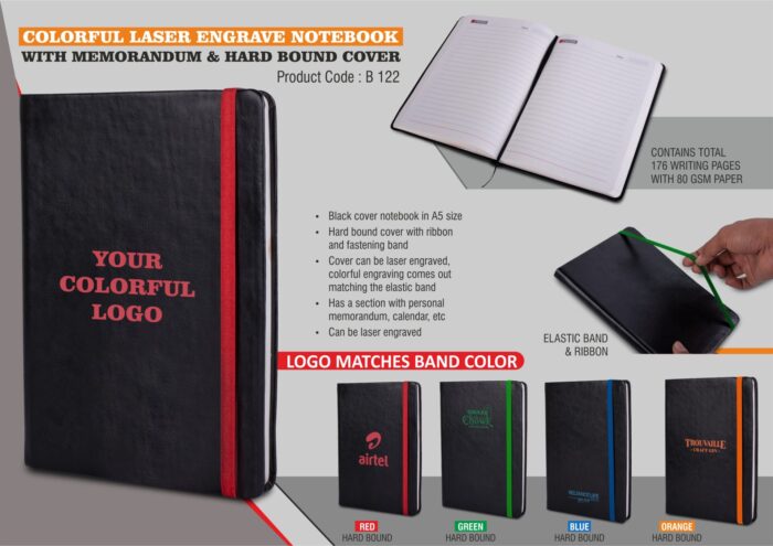 Colorful Laser Engrave Notebook with Memorandum & Hard Bound Cover | Elastic Band and Ribbon | Logo Matches band Color