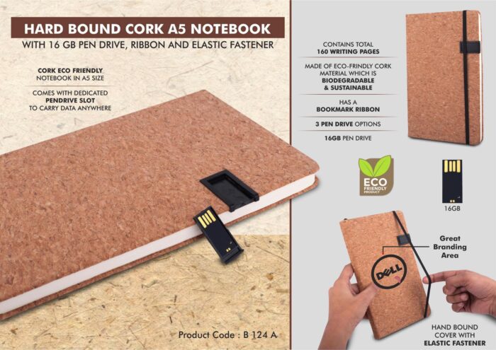 Hard bound Cork A5 Notebook with Pen Drive, Ribbon and Elastic Fastener- 16 GB USB drive