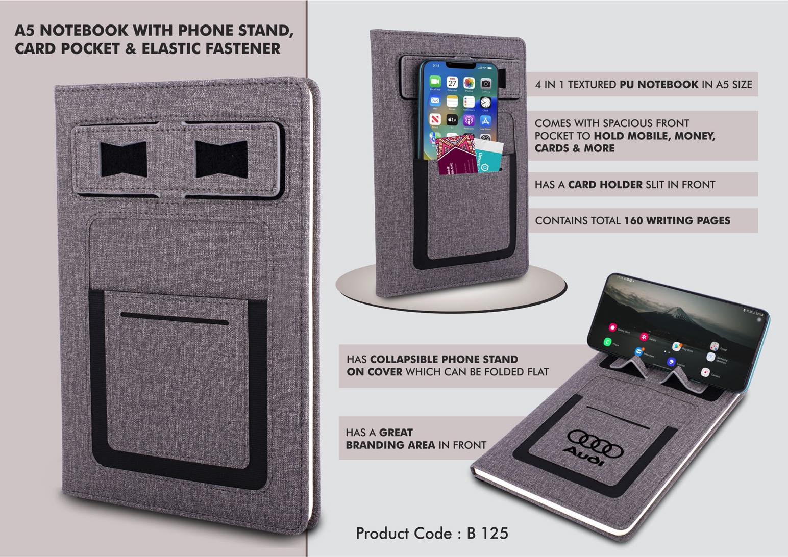 A5 Notebook with Phone stand, Card pocket, Mobile pocket, Pen Loop & Elastic fastener