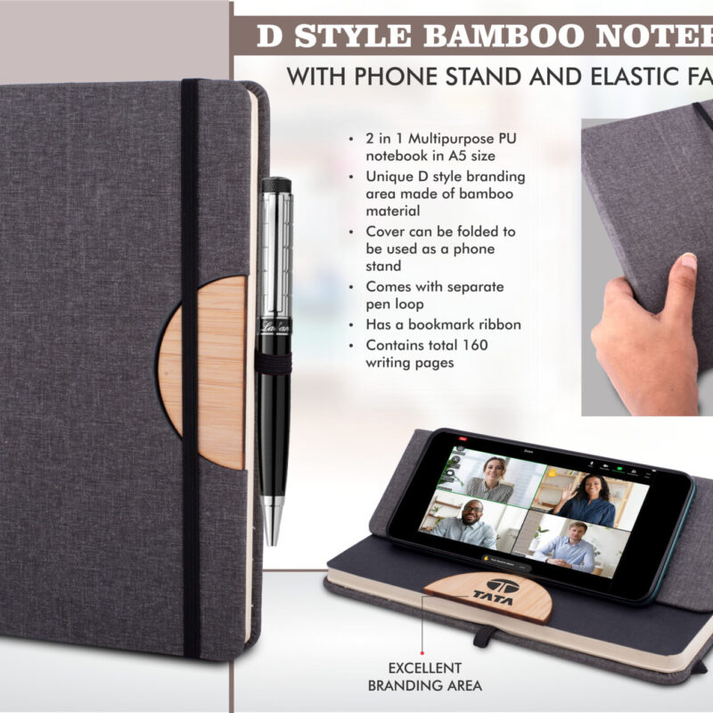 D Style Bamboo Notebook with Phone Stand and Elastic fastener