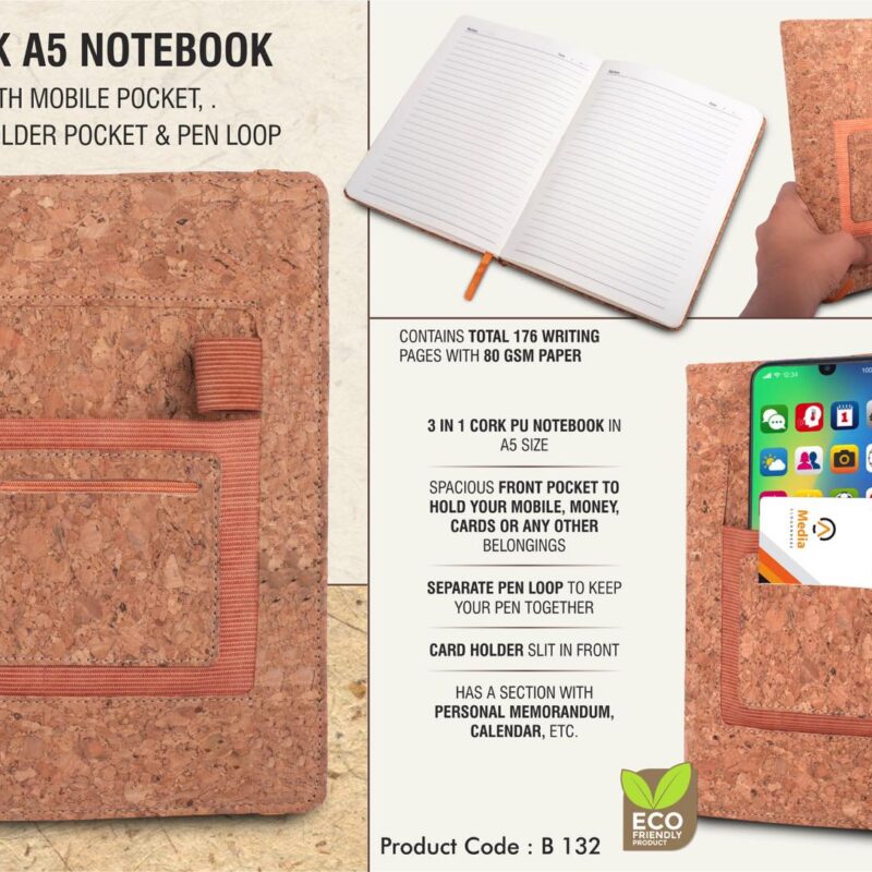 Cork A5 Notebook with Mobile Pocket, Card Holder Pocket & Pen Loop