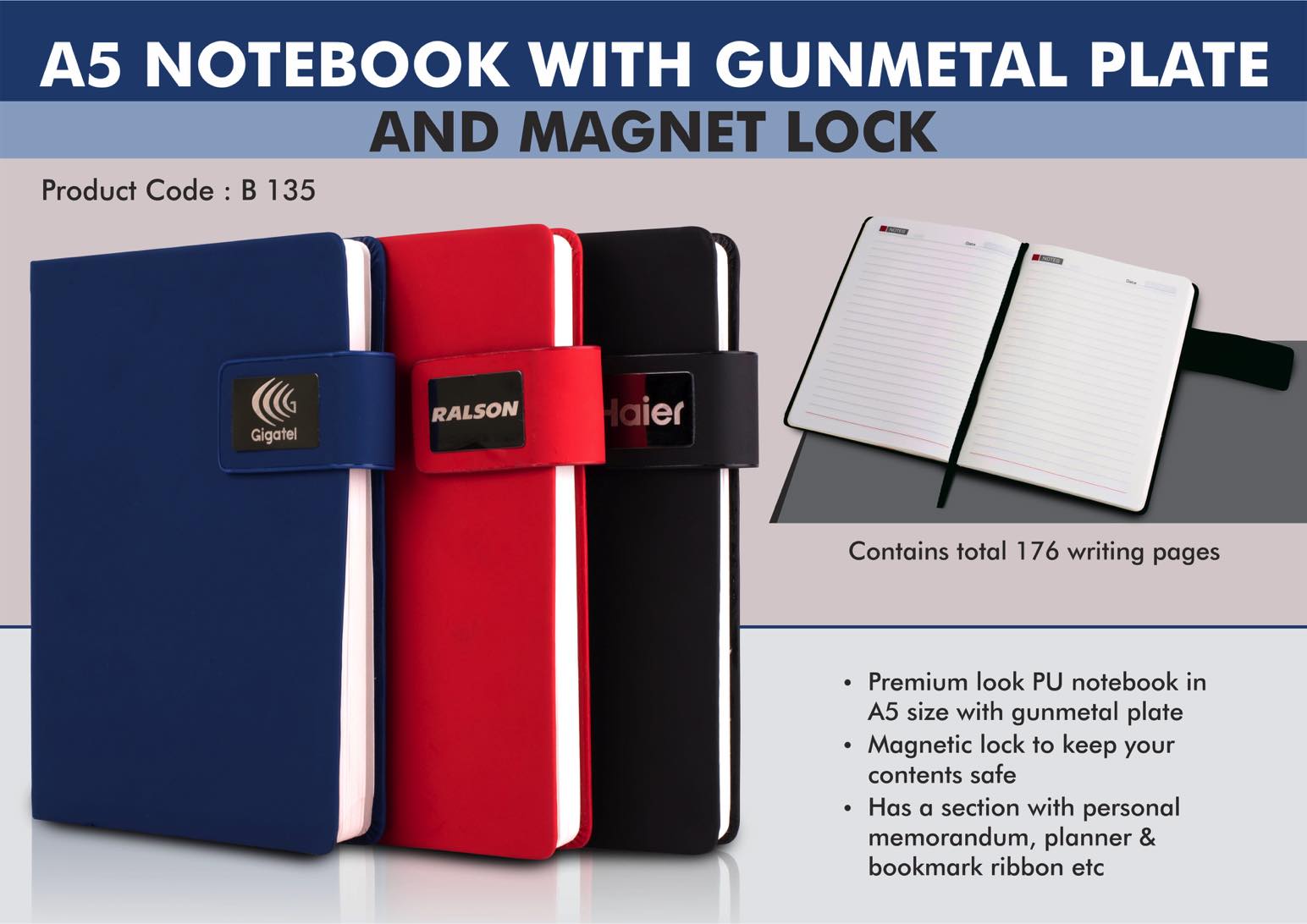 A5 Notebook with Gunmetal Plate and Magnet Lock | Hard Bound Cover