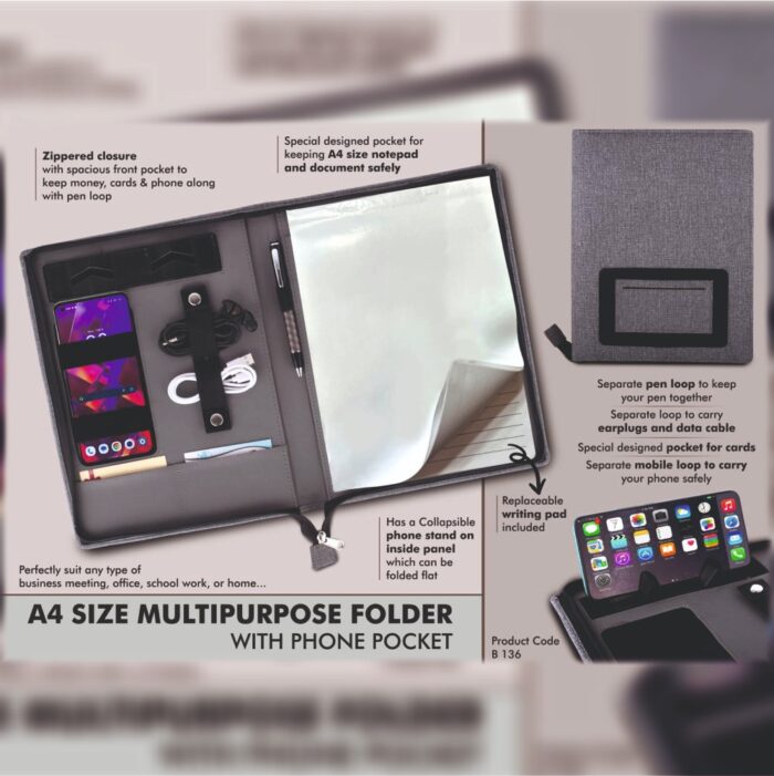 A4 Size Multipurpose Folder with Writing Pad and Phone Pocket - Image 4