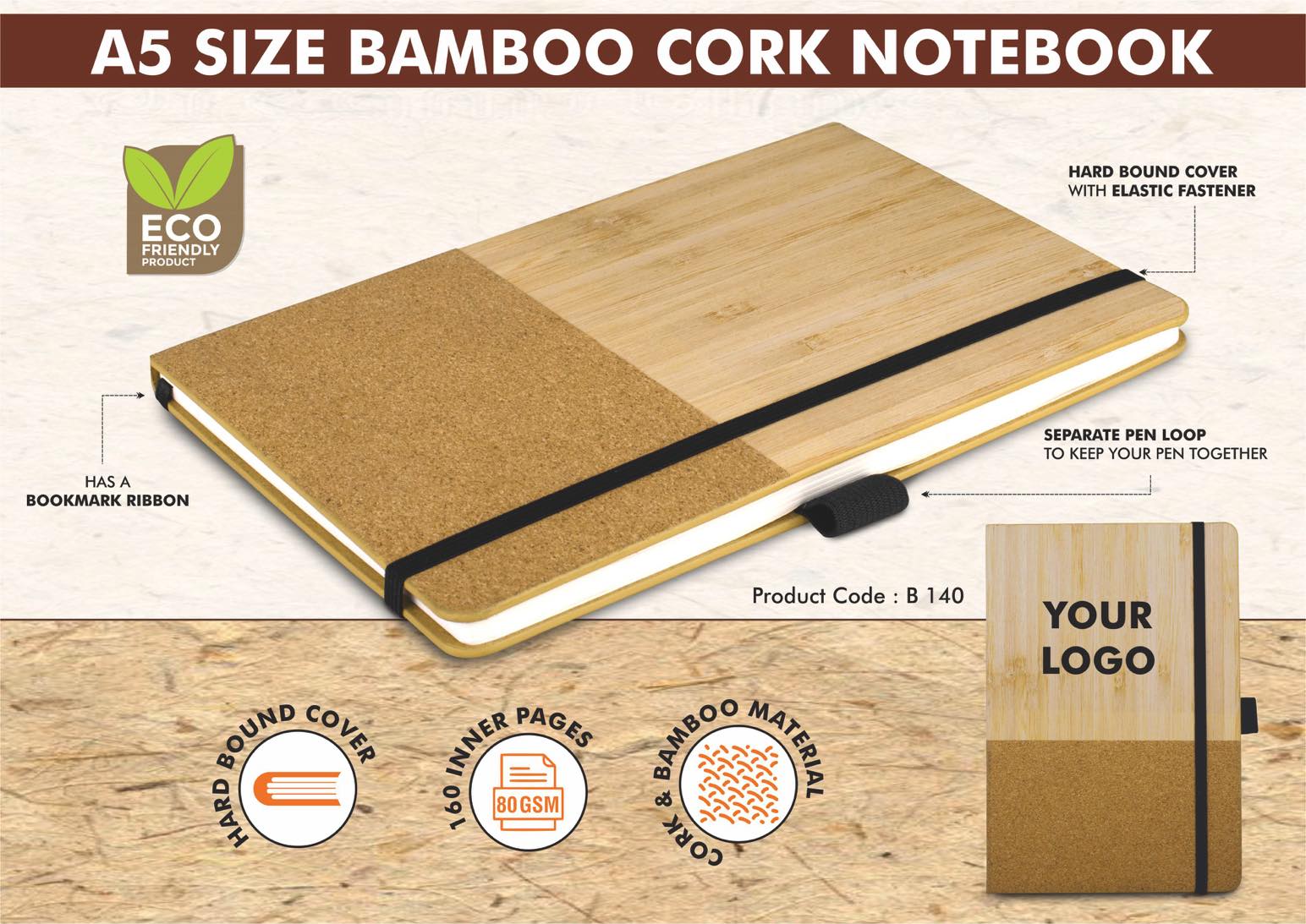 Bamboo Cork Notebook with Elastic Fastener