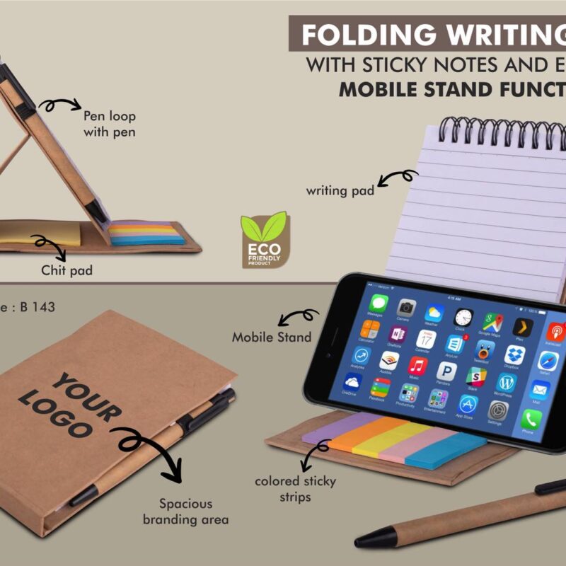 Folding Writing Pad with Sticky Notes, Eco Pen & Mobile Stand
