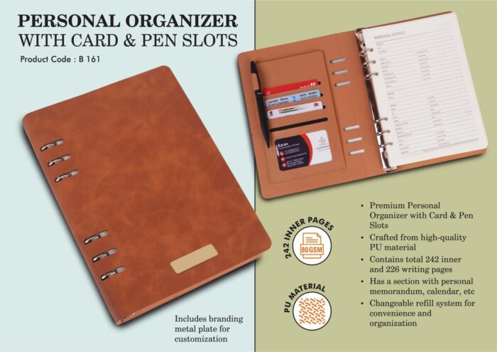 Personal organizer with Card & Pen slots | Metal plate included | Changeable refill