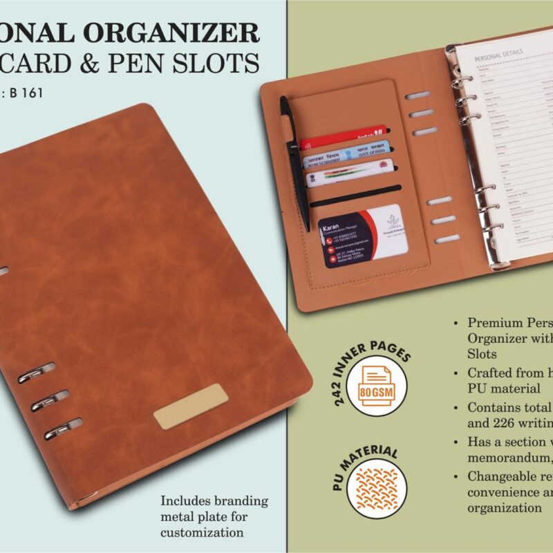 Personal organizer with Card & Pen slots | Metal plate included | Changeable refill