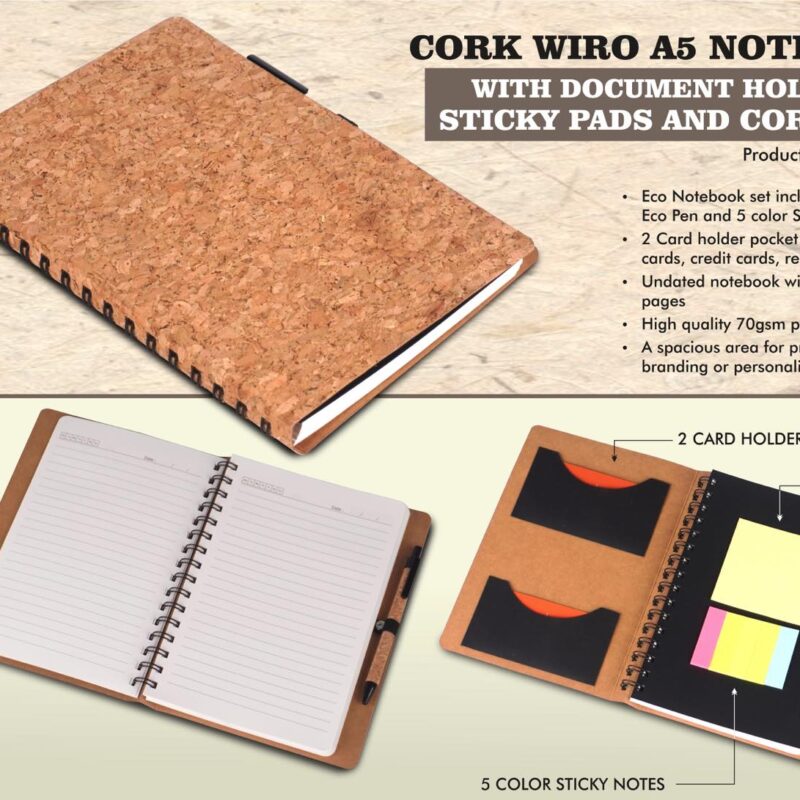 Cork Wiro Notebook with Document Holder, Sticky Pads and Cork Pen | A5 size