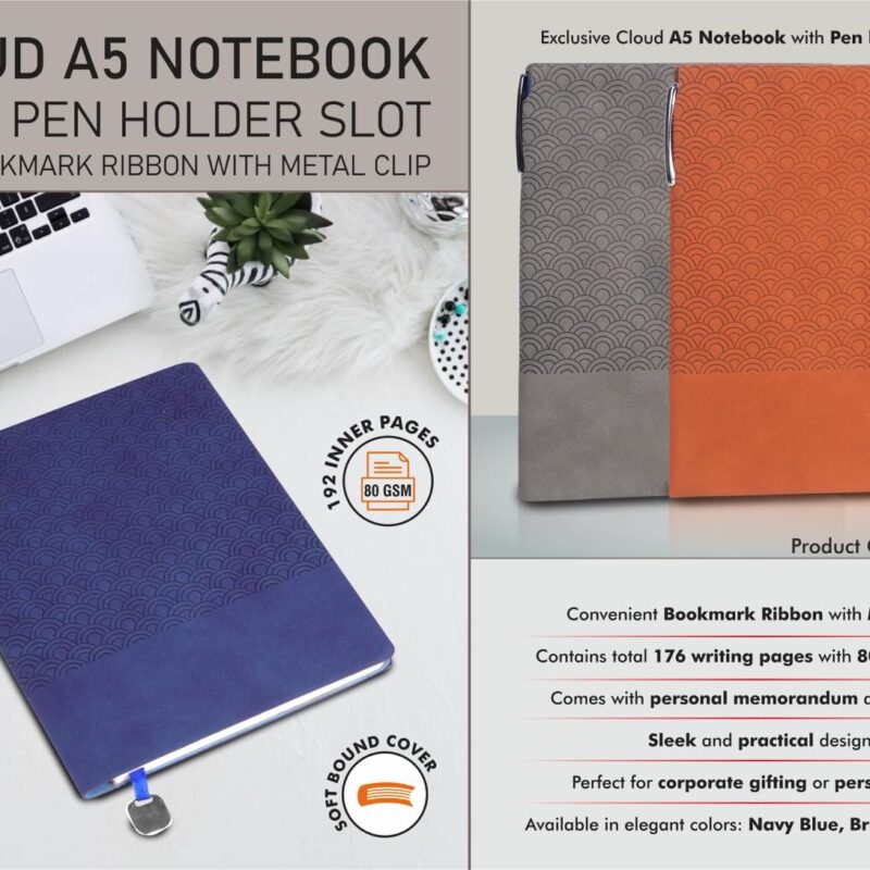 Cloud A5 Notebook with Pen holder slot and Bookmark Ribbon with Metal clip
