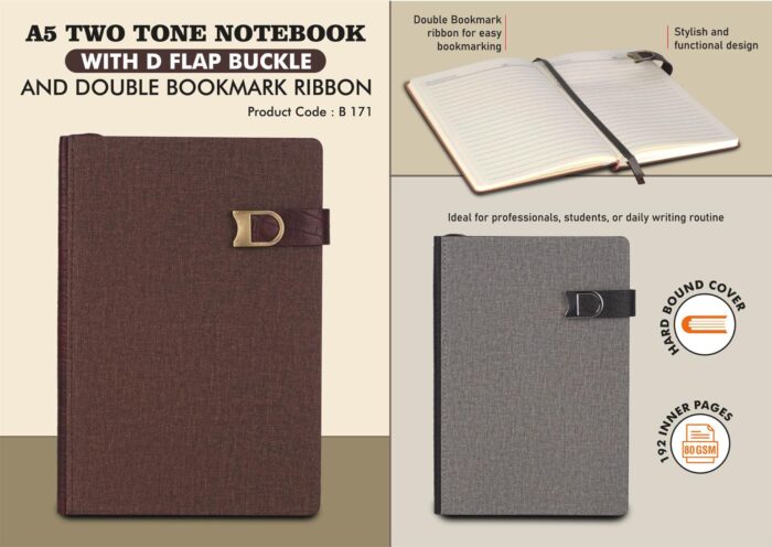 A5 Two Tone Notebook with D Flap buckle and Double Bookmark Ribbon