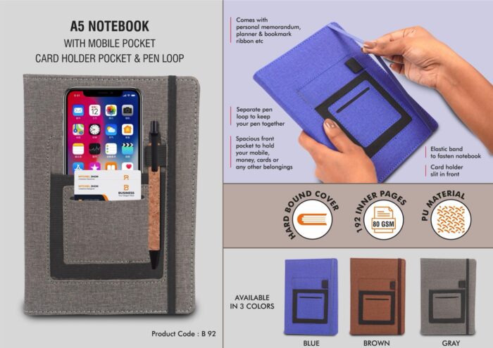 A5 notebook with mobile pocket, card holder pocket & pen loop by Castillo Milano