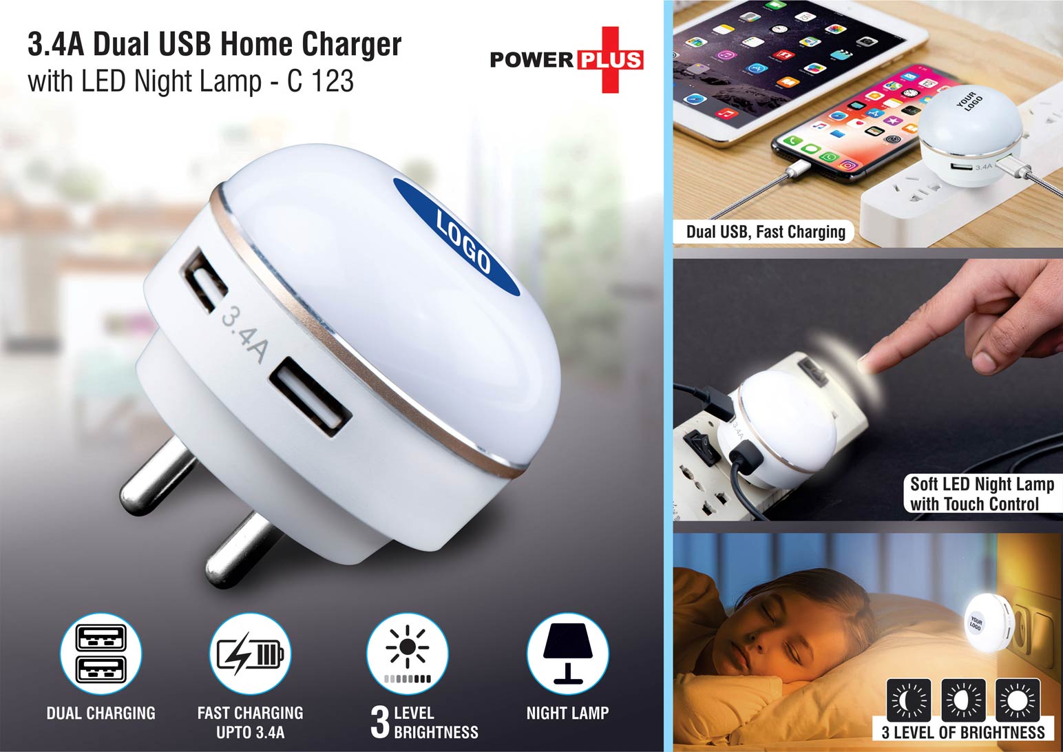 Dual USB fast charger with night lamp