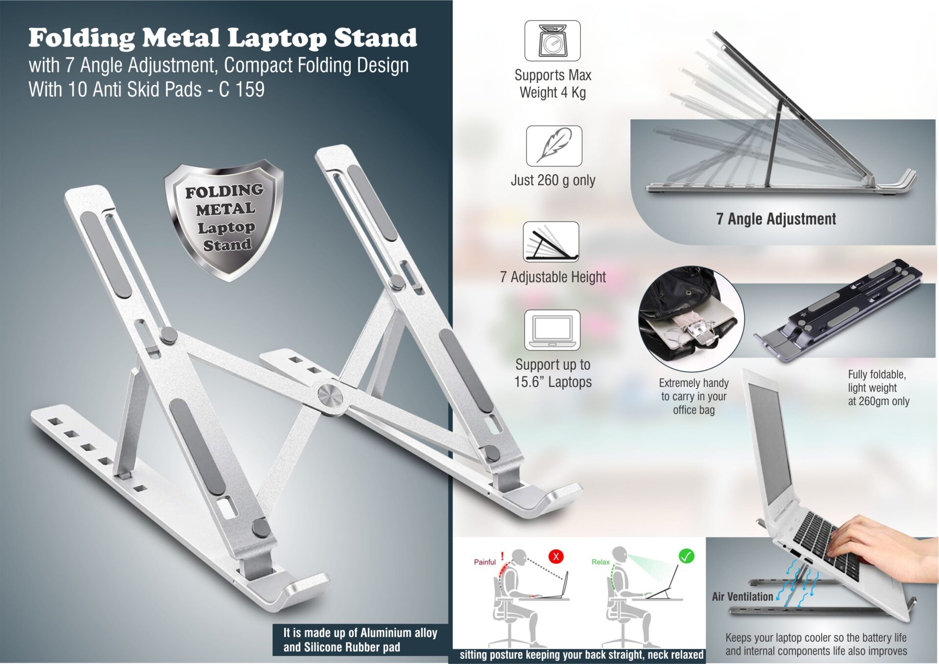 Folding Metal Laptop stand with 7 angle adjustment | Compact Folding design | With 10 anti skid pads
