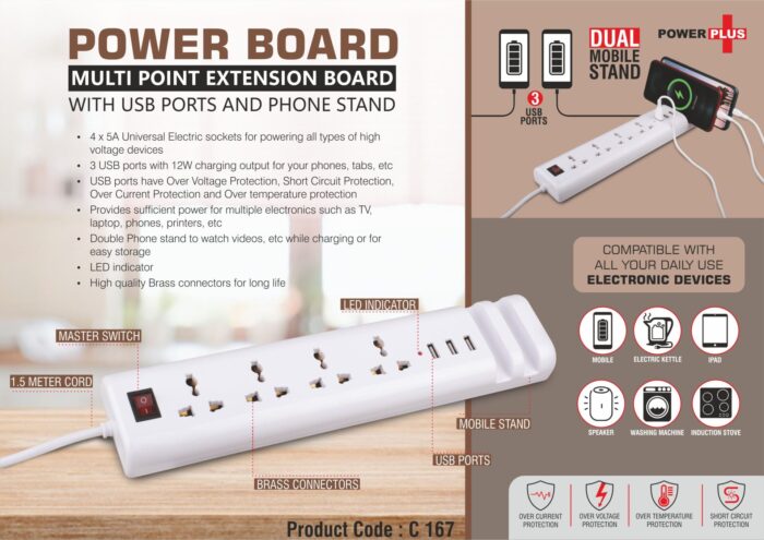 Power Board: Multi point extension board with USB ports and phone stand