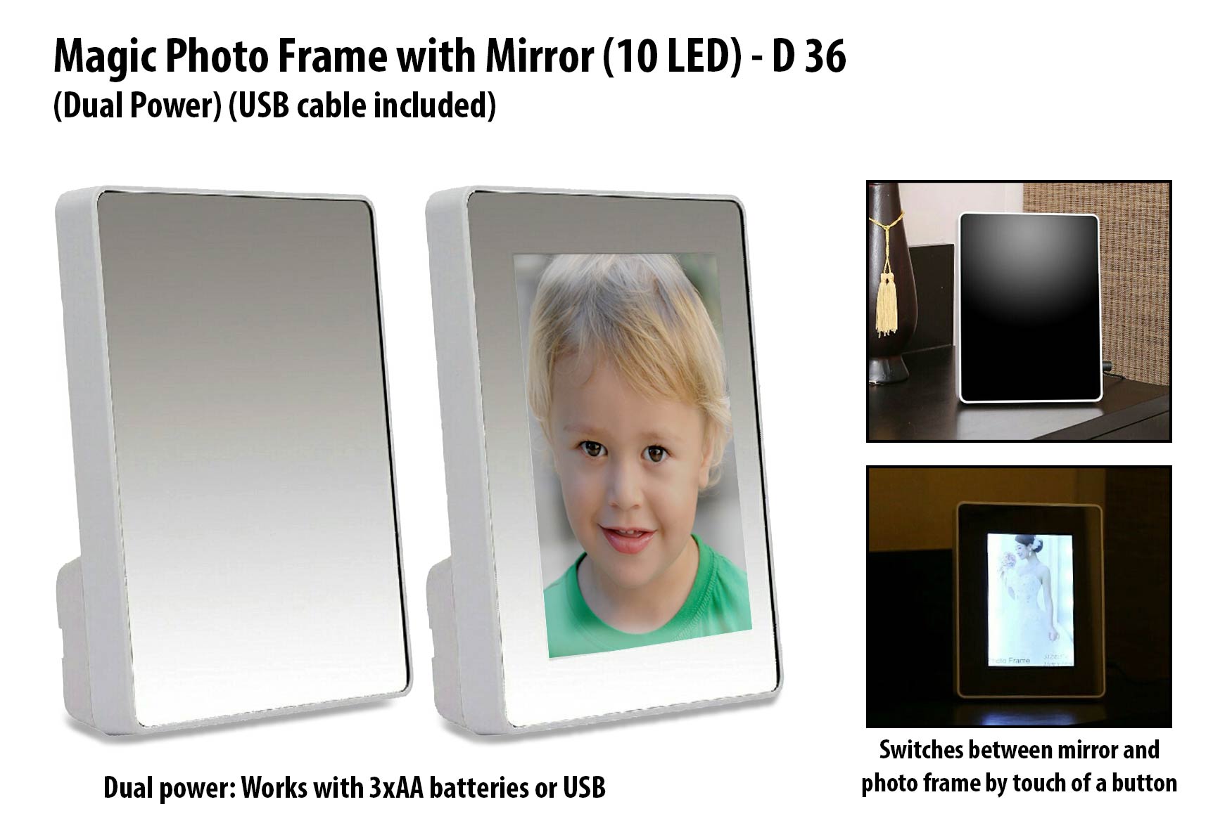 Magic Photo Frame with Mirror (10 LED) (Dual Power) (USB cable included)