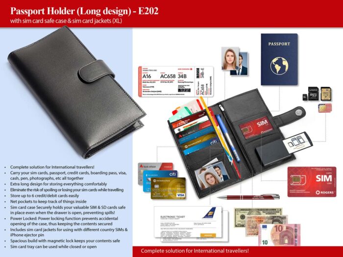 Passport Holder with sim card safe case & sim card jackets (XL) (Long design)