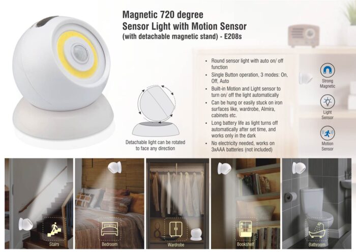 Magnetic 720 degree Sensor light with motion sensor (with detachable magnetic stand)