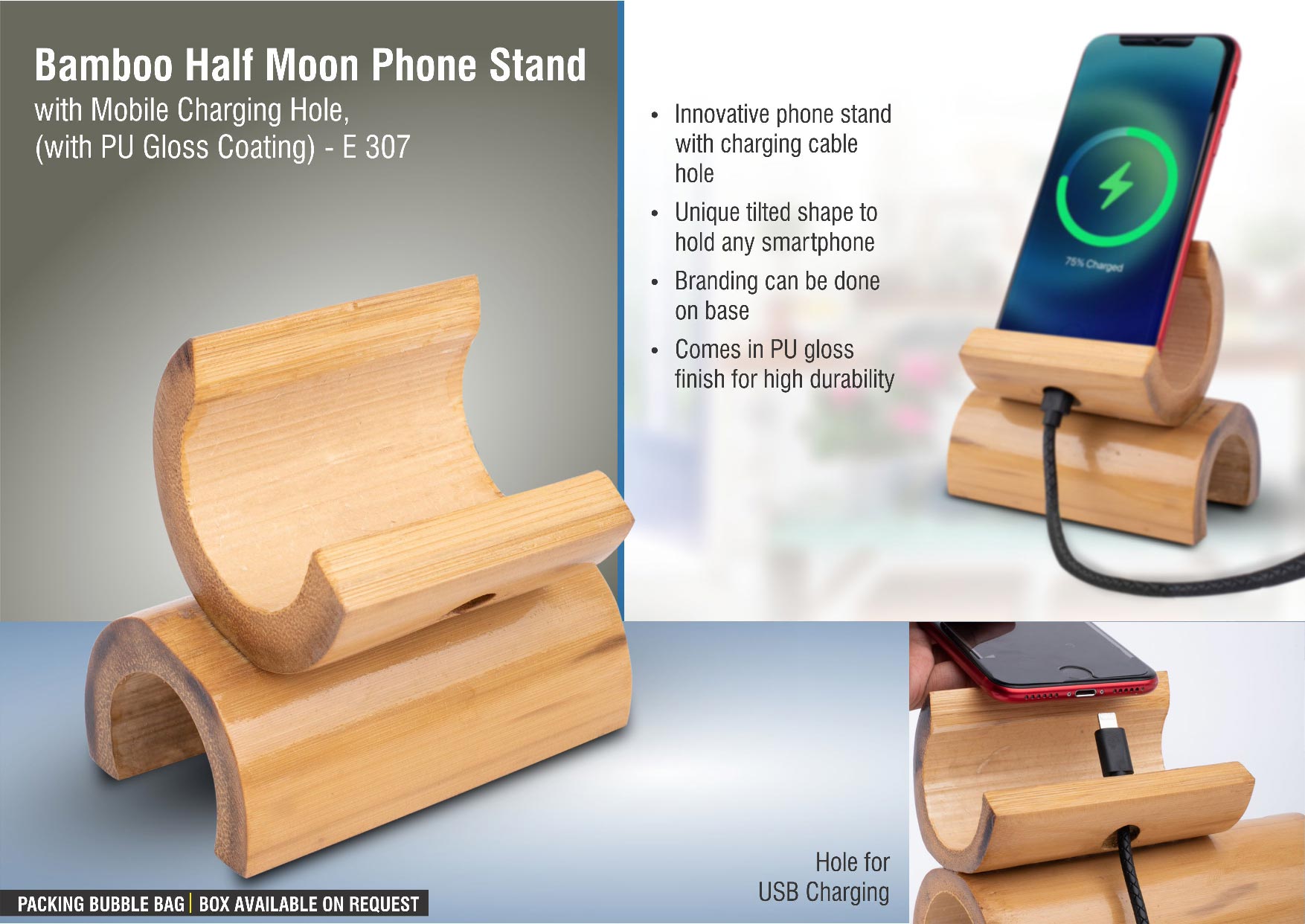 Bamboo Half moon phone stand with mobile Charging hole, (with PU Gloss coating)