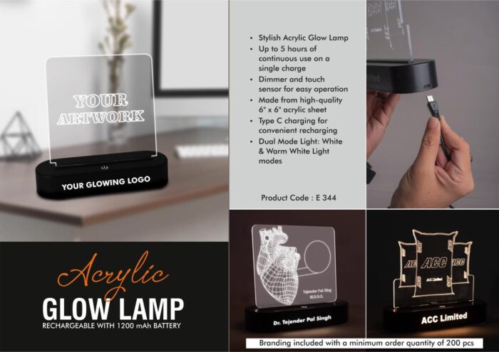 Acrylic Glow Lamp - Rechargeable| 1200 mAh battery| White & Warm white light| Dimmer & Touch Sensor| 6 x 6" Acrylic sheet | Type C charging