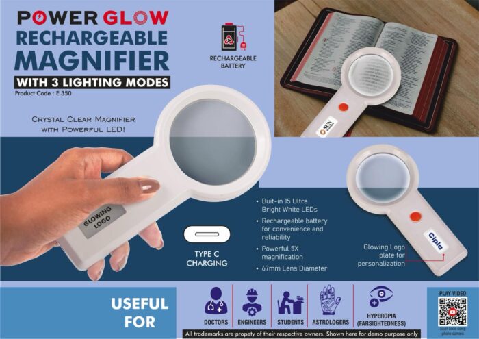 PowerGlow Rechargeable Magnifier with 3 lighting modes & Glowing Logo plate | Type C charging