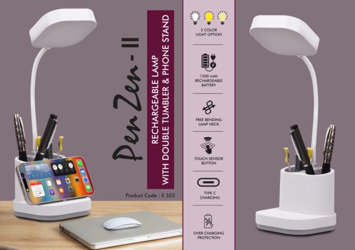 PenZen II: Rechargeable lamp with Double tumbler & Phone stand | 3 Color light with Brightness adjustment
