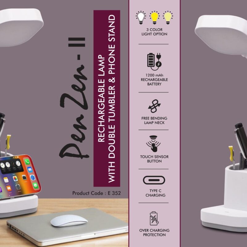 PenZen II: Rechargeable lamp with Double tumbler & Phone stand | 3 Color light with Brightness adjustment