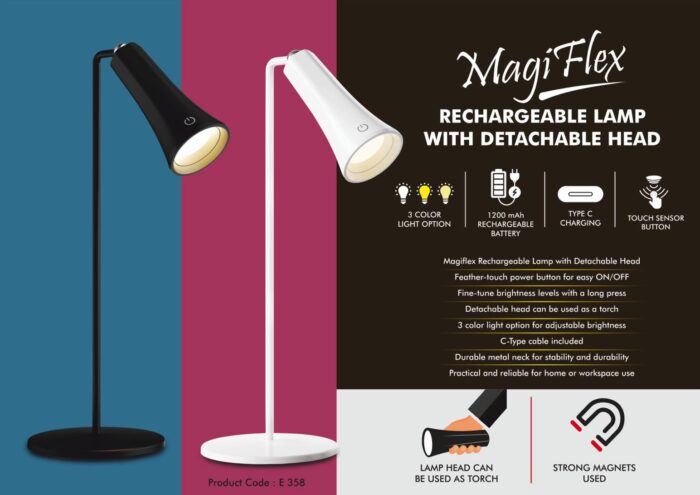 MagiFlex: Rechargeable Lamp with Detachable Head | 3 color light | Detachable head to use as torch | Durable metal neck
