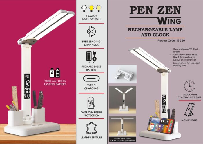 PenZen Wing: Rechargeable lamp with Dual tumbler | Clock with Temperature & Date | Double Lamp Heads | Phone stand function | 2000 mAh battery for long working time