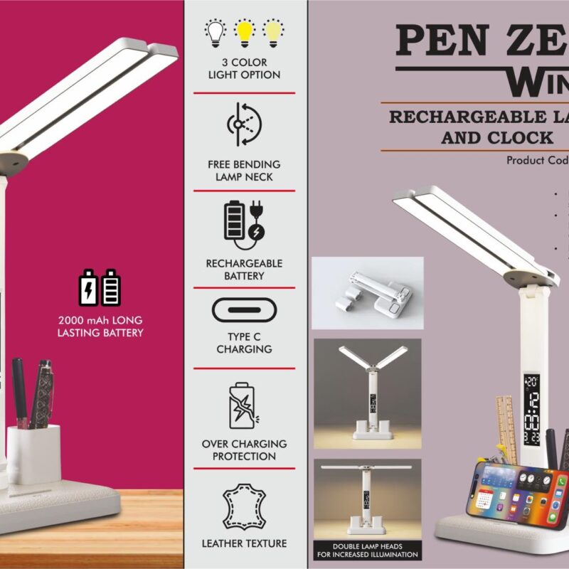 PenZen Wing: Rechargeable lamp with Dual tumbler | Clock with Temperature & Date | Double Lamp Heads | Phone stand function | 2000 mAh battery for long working time