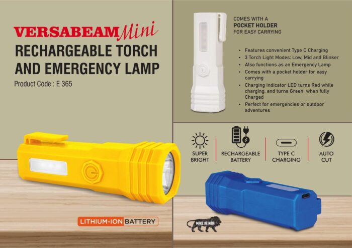 VersaBeam Mini: Rechargeable Torch with 2 Light modes, Blinker and Emergency Lamp | Type C Charging | With Pocket Clip