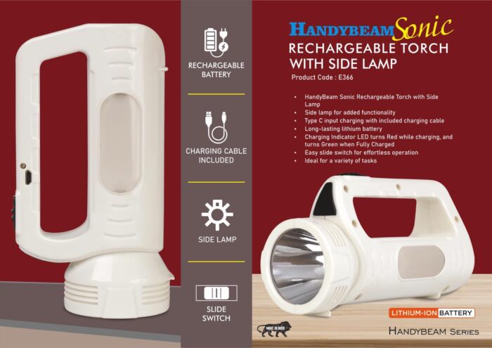 HandyBeam Sonic: Rechargeable Torch with Side Lamp | Charging Cable included