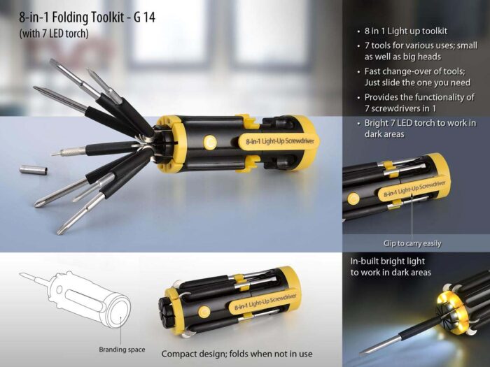 Folding toolkit with 4 LED torch