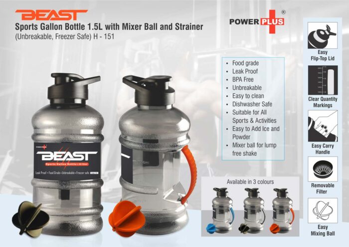 Beast Sports gallon bottle 1.5 L with mixer ball and strainer (Unbreakable, Freezer safe)