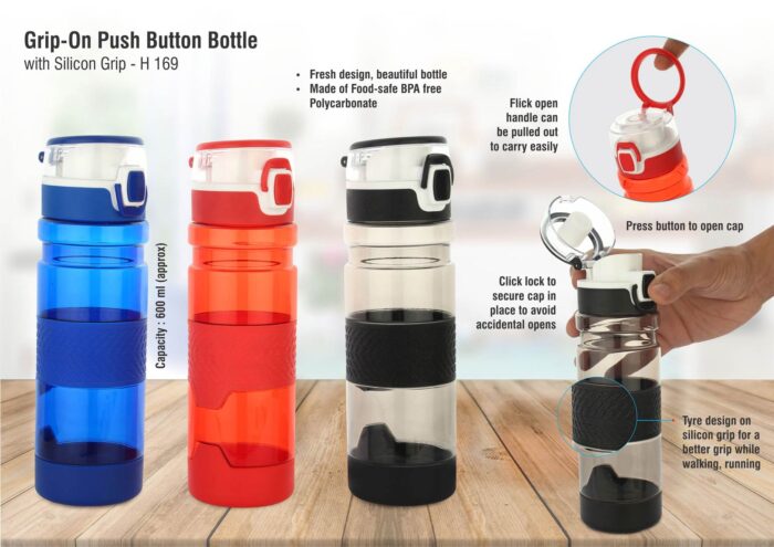 Grip-On: Push button bottle with silicon grip (600ml approx) | Made from Tritan | BPA free