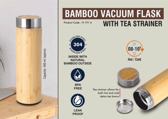 Stainless steel Bamboo Vacuum flask with Tea Strainer | Capacity 400 ml approx