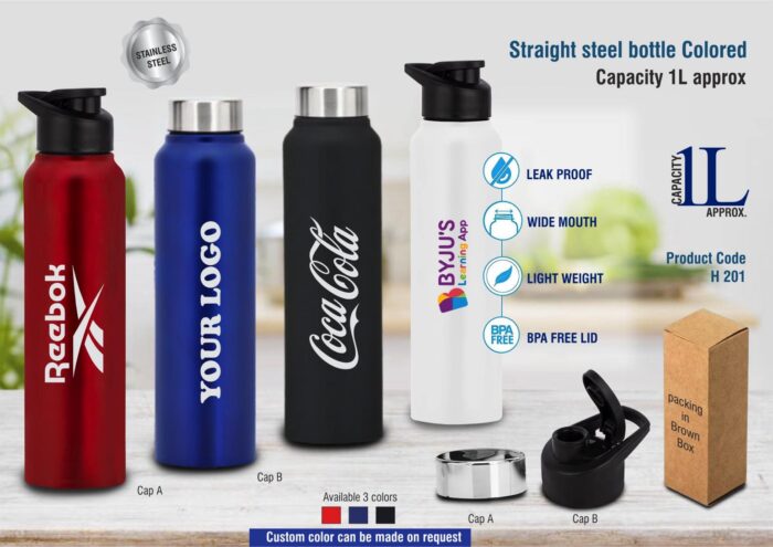 Straight steel bottle Colored | Capacity 1L approx