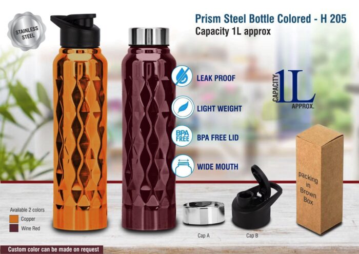 Prism steel bottle Colored | Capacity 1L approx