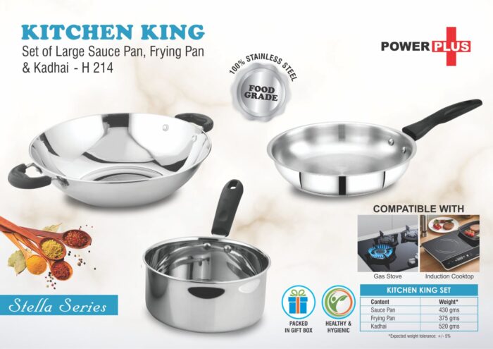 Kitchen King: Set of Large Sauce Pan, Frying Pan and Kadhai in Gift box | Made of Stainless Steel