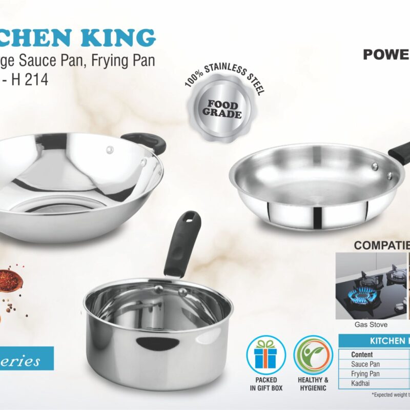 Kitchen King: Set of Large Sauce Pan, Frying Pan and Kadhai in Gift box | Made of Stainless Steel