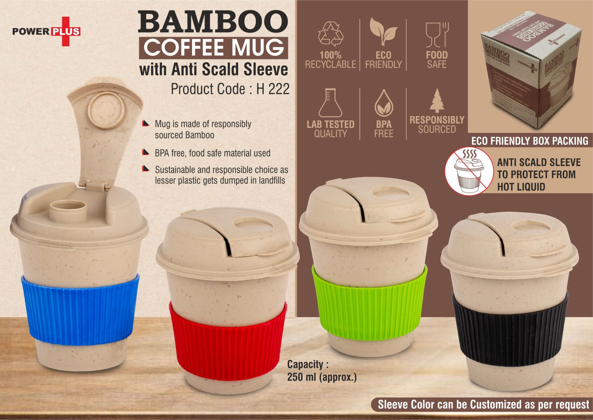 Bamboo Coffee mug: Eco friendly mug with flip top Lid and Anti-Scald sleeve | Capacity 250 ml