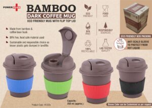 Bamboo Dark Coffee mug: Eco friendly mug with flip top Lid and Anti-Scald sleeve | Capacity 250 ml