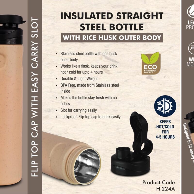 Insulated Straight Steel bottle with Rice husk outer body | Flip top cap with easy carry slot | 500 ml approx