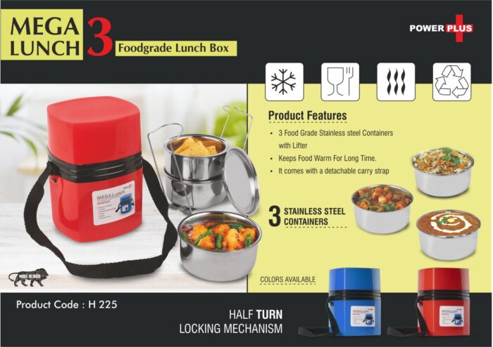 Mega Steel Lunch Box- 3 Stainless steel containers with lifter